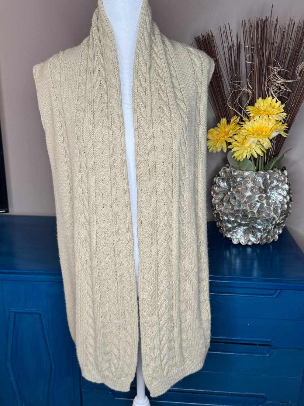 Beige Cable-Knit Sleeveless Long Vest, Cotton Emporium, Size M